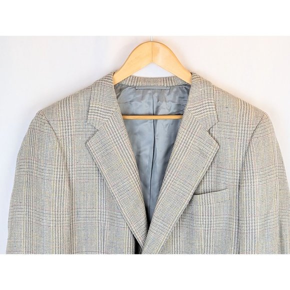 Vintage 80s Men's Lightweight Pastel Plaid Sport Coat Blazer 46L Wool Linen Silk - Picture 3 of 9